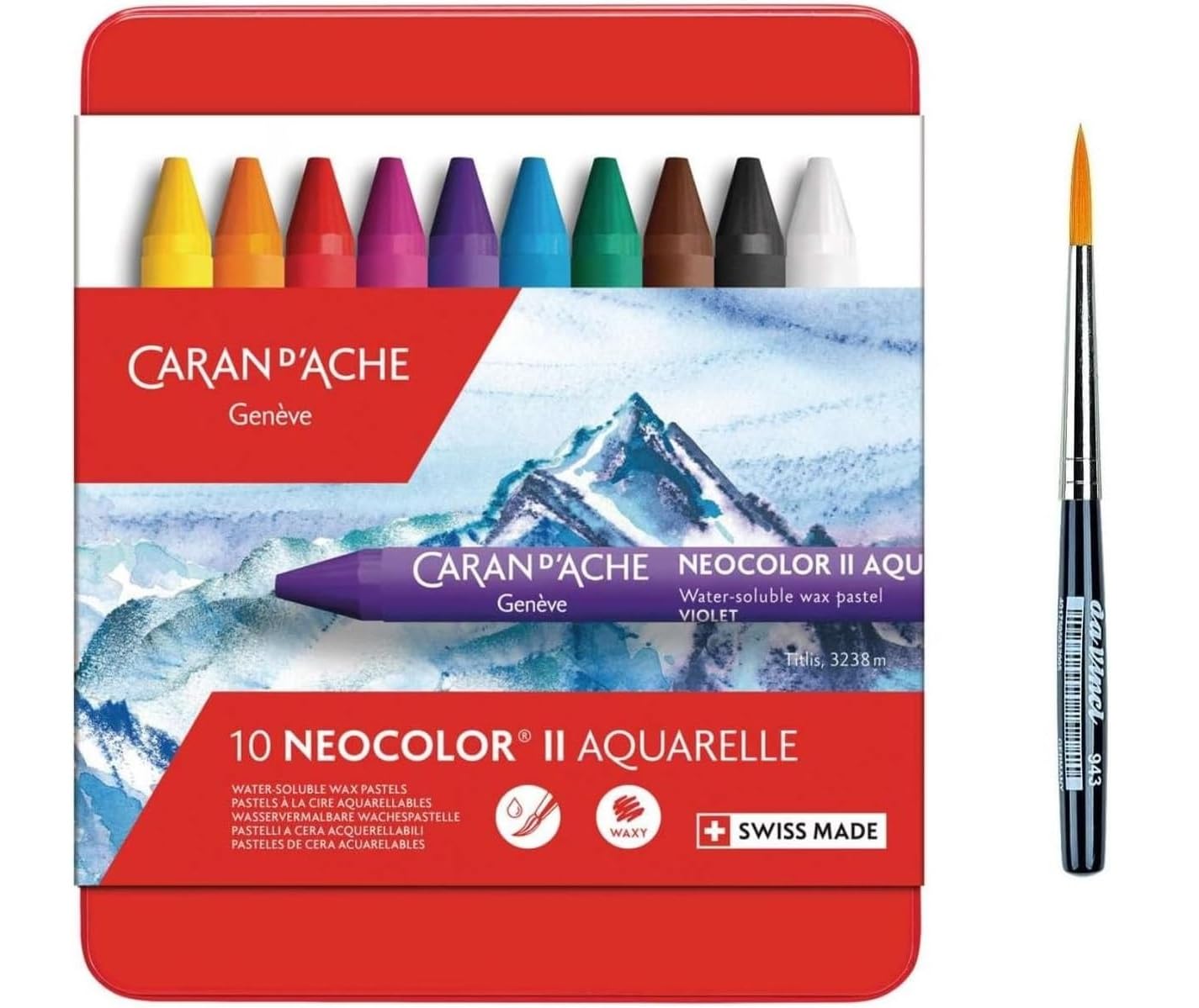 Caran d'Ache Neocolor II, Pasteles de cera acuarelables, Lápices de cera Aquarellables - Juego de 10 y 1 pinceles