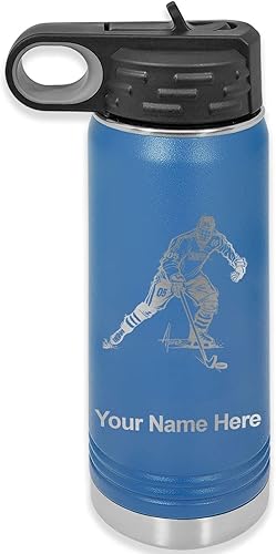 LaserGram Botella de agua personalizada, jugador de hockey, acero inoxidable de doble pared aislada al vacío con popote superior, regalo grabado