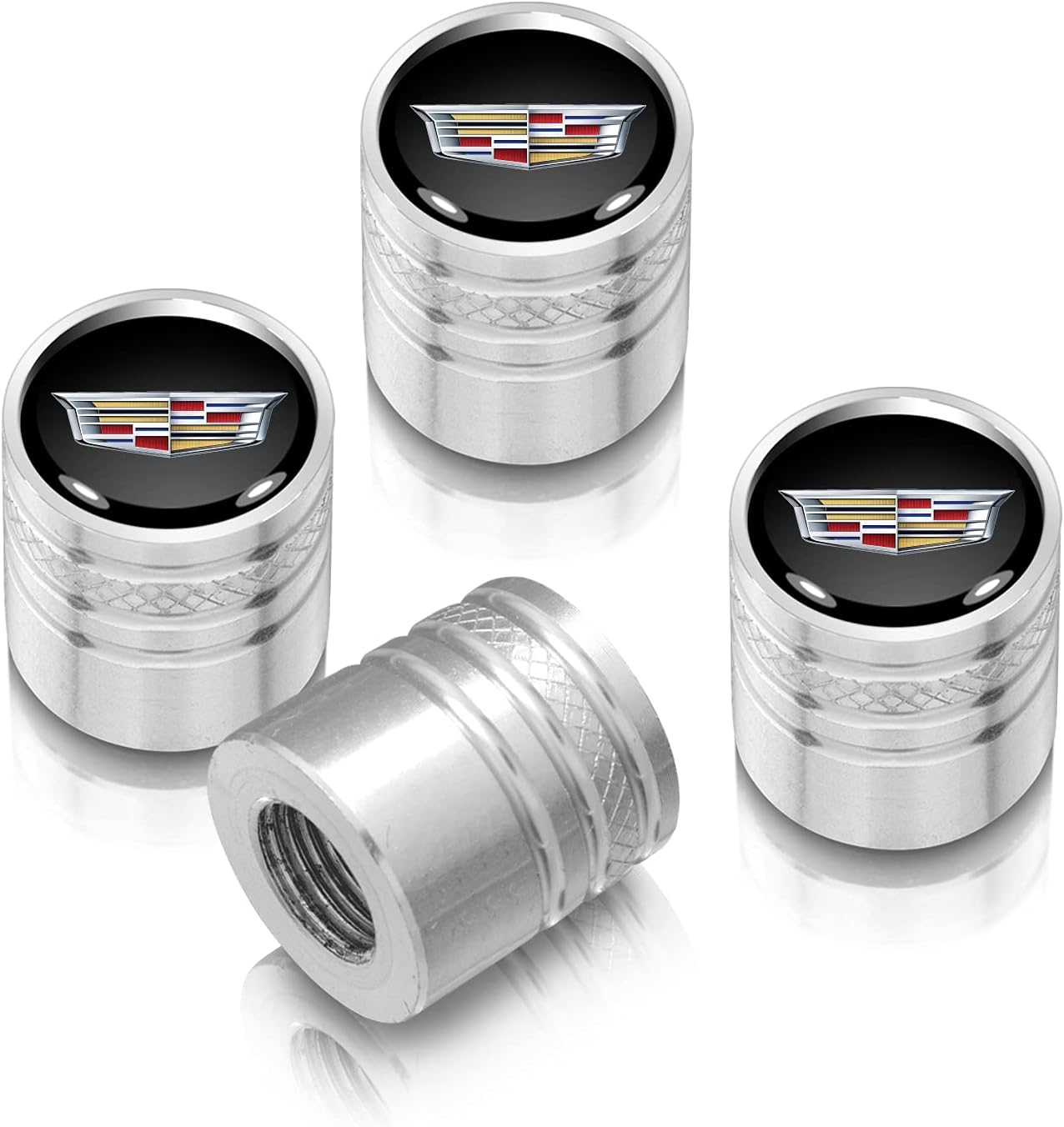iPick Image for Cadillac Crest Logo in Black on Shining Silver Aluminum Cylinder-Style Tire Valve Stem Caps
