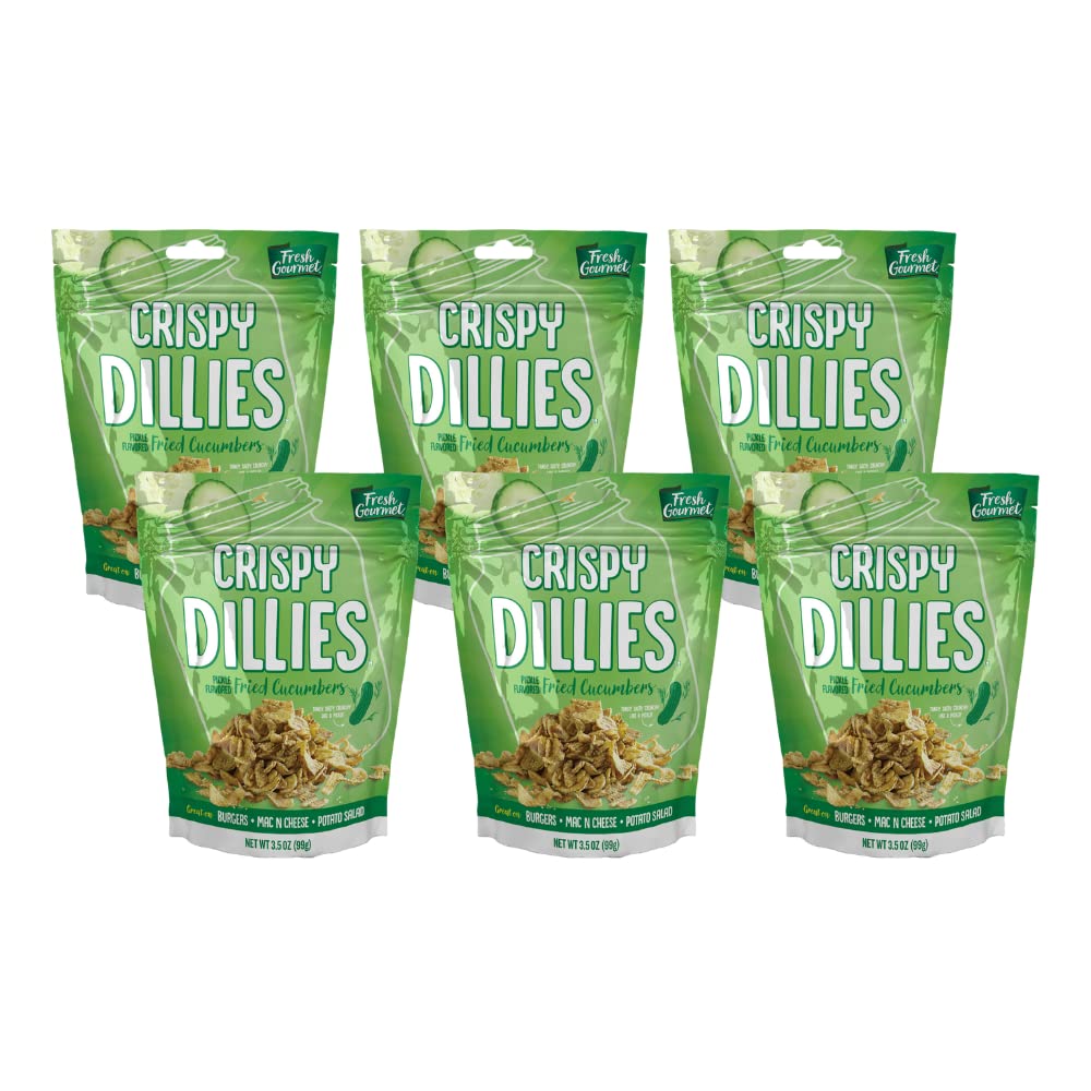 Fresh Gourmet Crispy Dillies Pickle Flavored Fried Cucumbers | 3.5 Ounce, Pack of 6 | Low Carb | Crunchy Snack and Sandwich Topper
