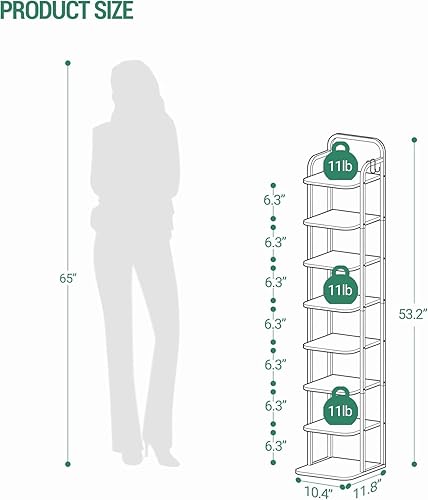 Miniatura 2 de Zapatero Vertical de 8 Niveles, Torre de Zapatos Estrecha, Estante Alto para Zapatos con 2 Ganchos, Estantes Ajustables, Estantes de Esquina para