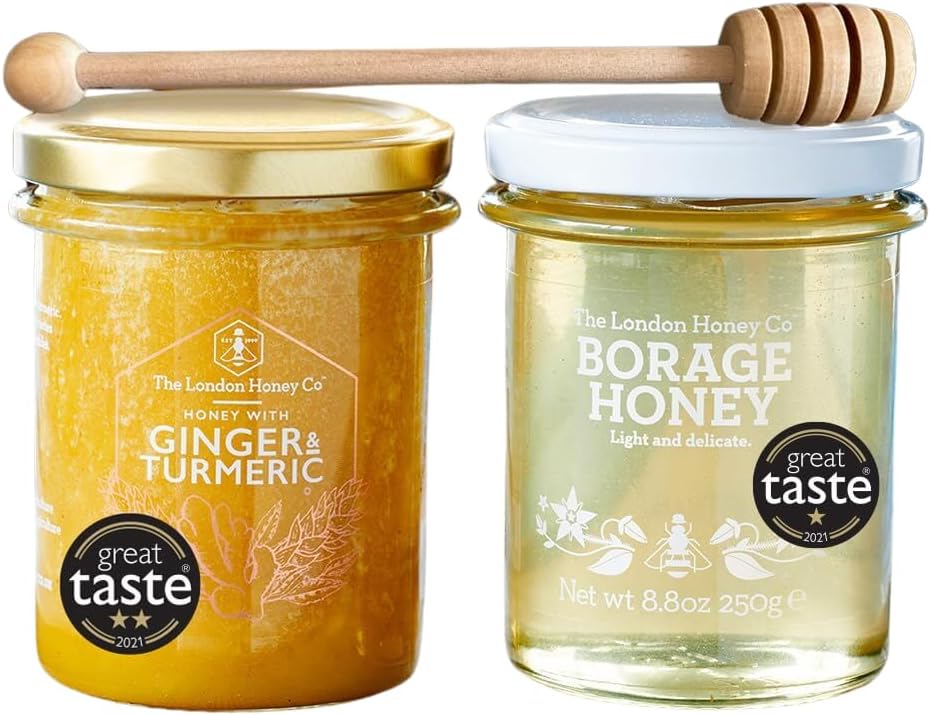 The London Honey Company -Pure British Summer Raw Honey - Infused Duo (250gx2) - Ginger & Turmeric + Borage - Pure & Vanilla -Raw Honey Unpasteurised - Honey Gift Sets - Pack of 2