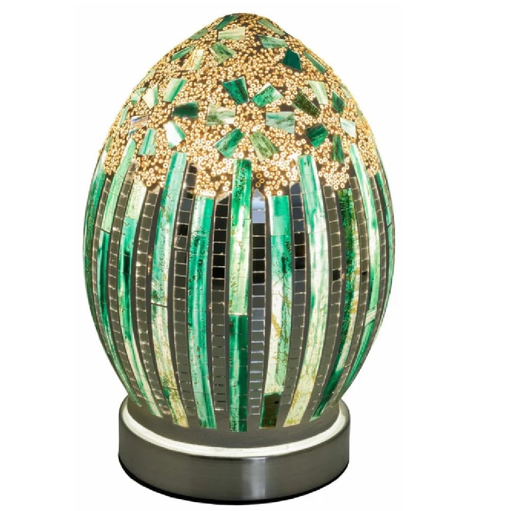 Britalia Grey Art Deco Mosaic Glass Table Lamp, Green, Ses E14, 20Cm X 14Cm, Vintage Egg Design
