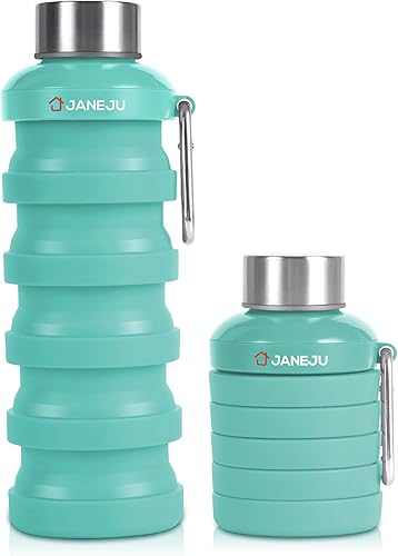JaneJu - Botella de agua plegable de 17 onzas, sin BPA, reutilizable, portátil, ligera, plegable, con mosquetón, botella de agua deportiva portátil