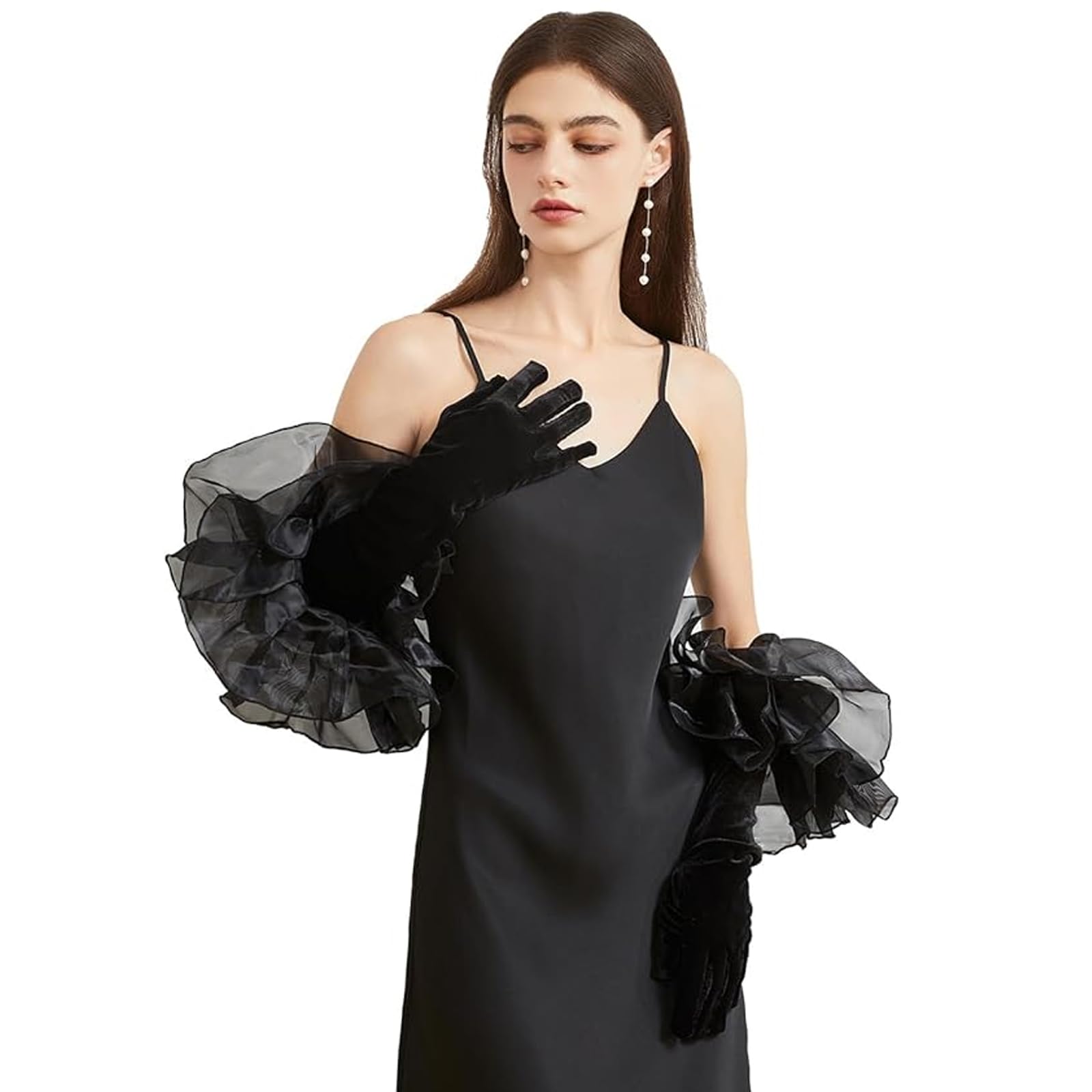 Women Long Velvet Gloves with Ruffled Tulle Mesh Cuff Bride Wedding Hands Wear Halloween Prom Fancy Dress Accessory Lady Vintage Elegant Evening Party Club Gloves - Image 2