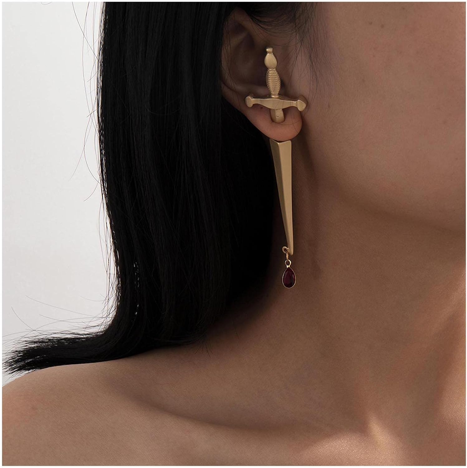 Vintage Cross Ear Jacket Earrings Long Dagger Studs Earrings Gothic Gold Sword Earrings Punk Sword Drop Earrings Ruby Crystal Teardrop Dagger Earrings Jewelry for Women - Image 2