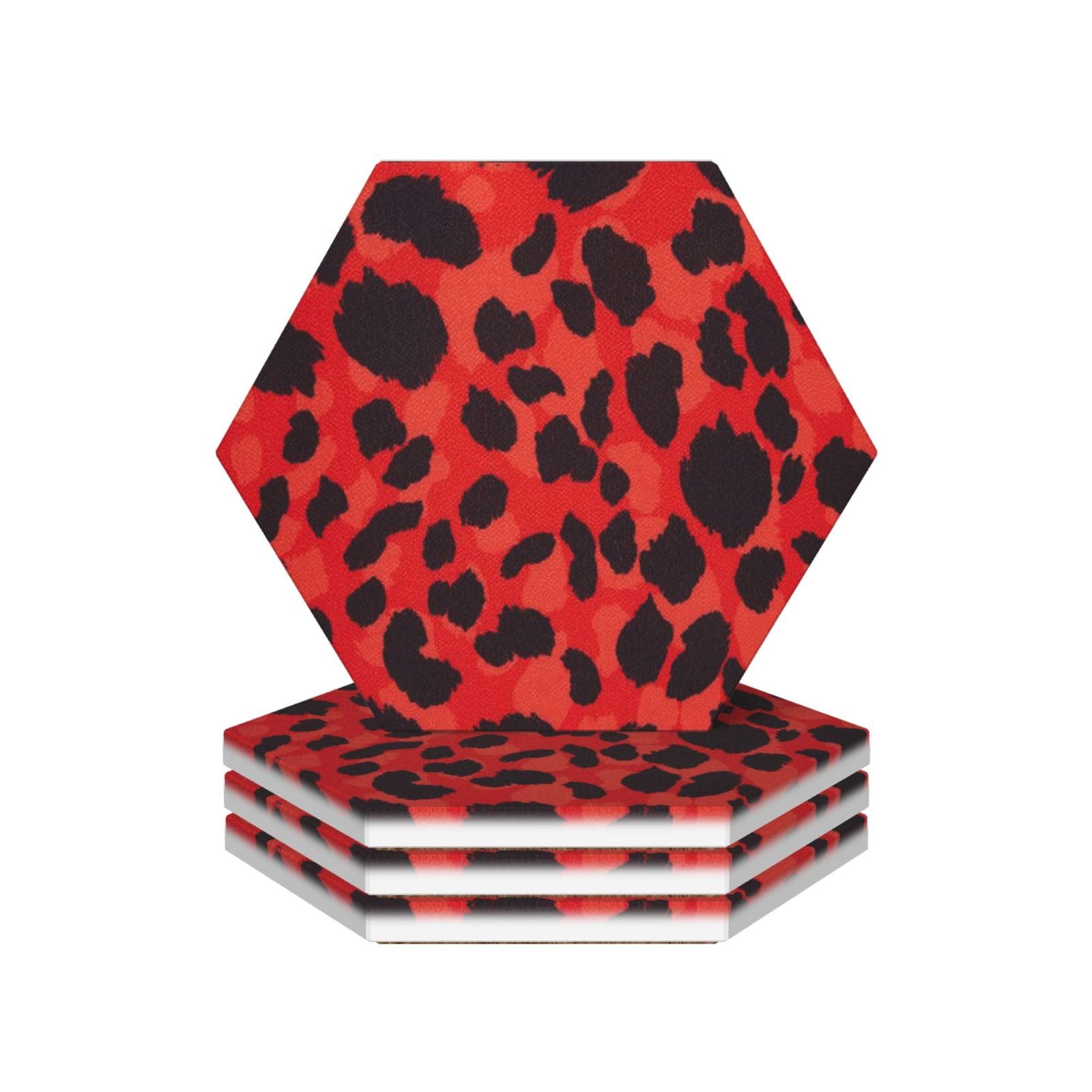 Lot de 4 dessous de verre décoratifs en céramique Motif léopard rouge