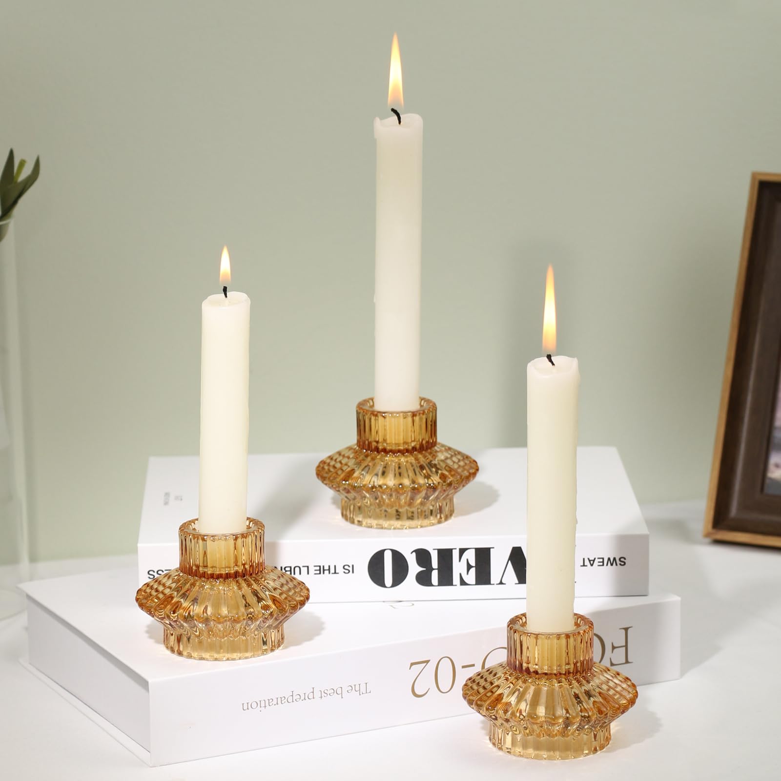 Reversible Candlestick Holders Set of 3, Amber Glass Taper and Tealight Candle Holders for Table Centerpiece, Wedding, Party, Home Decor