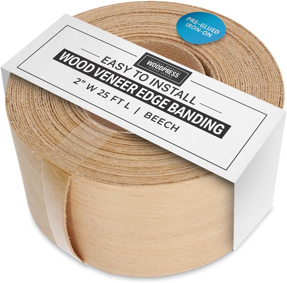 WoodPress 1 & 3/16 inch Real Beech Edging Tape - 25 ft Roll - Pre-Glued Wood Veneer Edging Tape for DIY Application - Edge Banding for Furniture Restoration - Hot-Melt Adhesive Wood Trim Edging