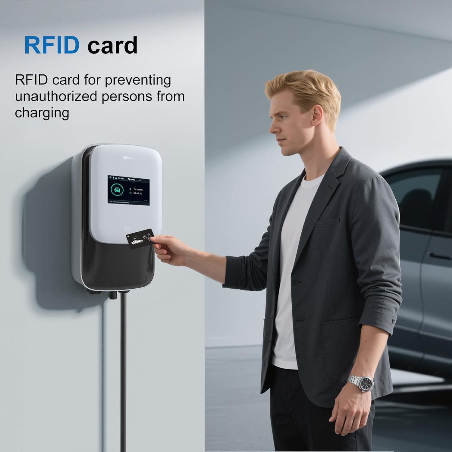 Image showing a person using an RFID card to activate the GONEO charging station, emphasizing its role in preventing unauthorized charging.