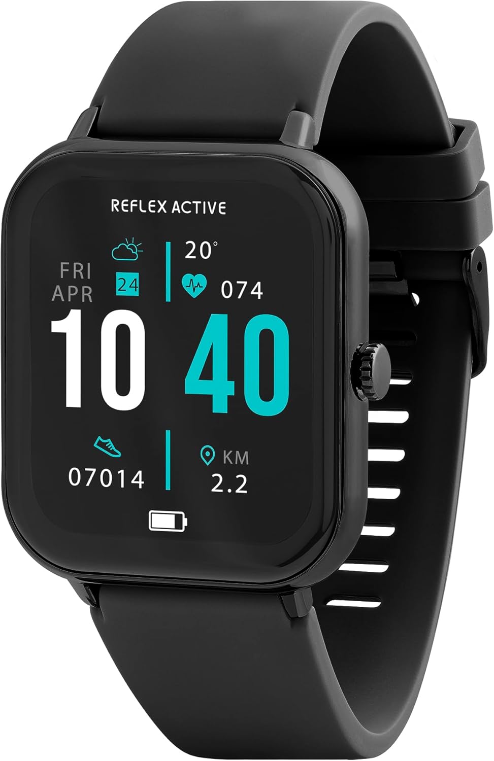 Reflex Active Series 23 Smart Watch displaying time, date, weather, heart rate, steps, and battery level.
