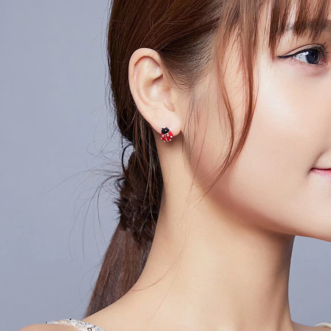 Qings Orecchino Fiore Coccinella Donna in Argento Sterling 925 Orecchino Animale Fiore Margherita Orecchini Asimmetrici Cartilagine Carino Mini per Donne Ragazze Adolescenti