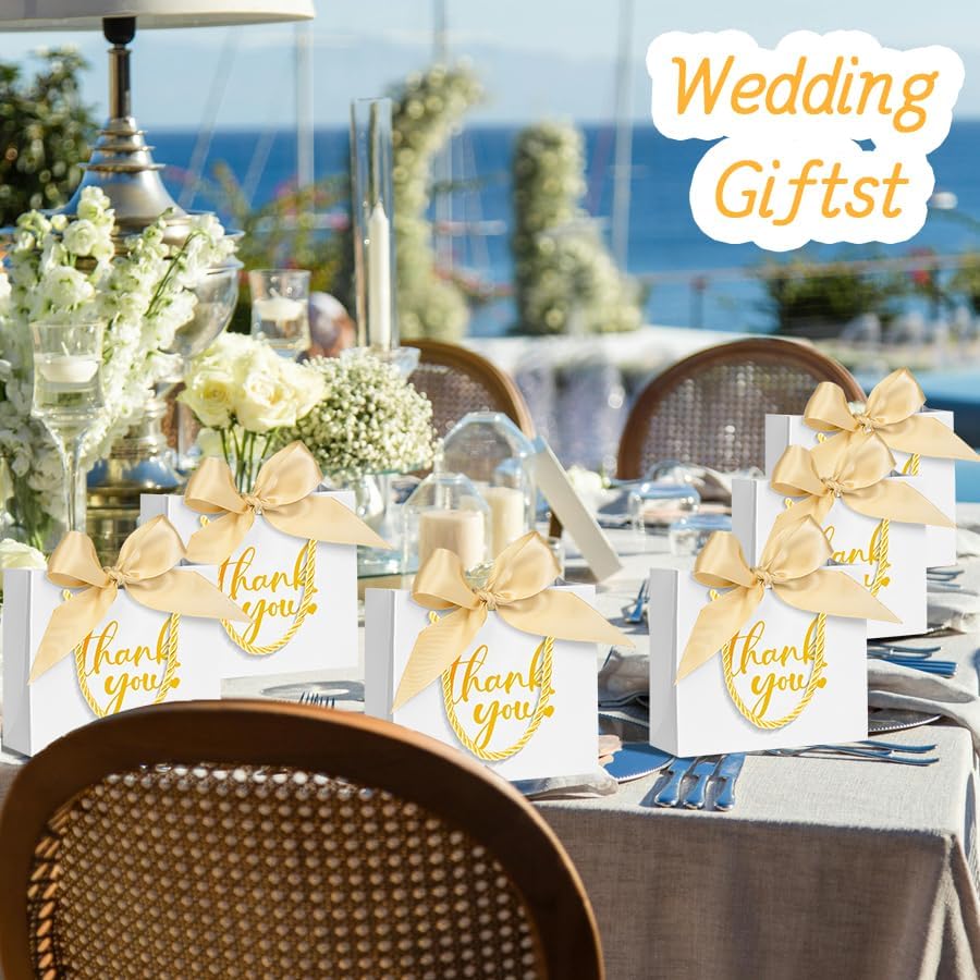 Nimbbex 50Pack Thank You Bags with Handles, 5.5x4.7x2.5 Inches Small Gift Bags with Bow Ribbon, Mini Party Favor Bags for Wedding Baby Shower Birthday (White) - Image 4