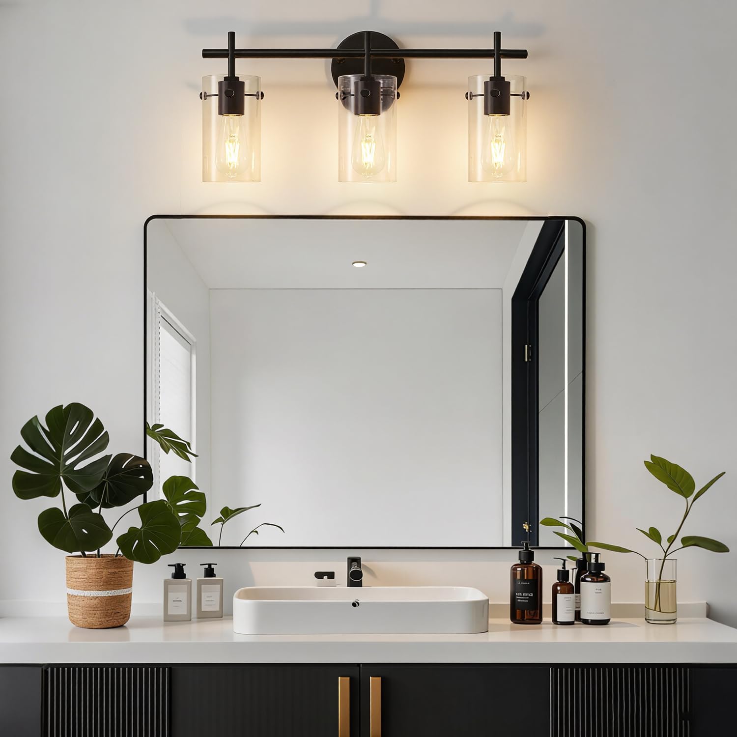 Indoi Bathroom Light Fixtures, 3-Light Matte Black Vanity Light, Black Bathroom Lights Over Mirror with Clear Glass Shade, Wall Sconces for Mirror Bedroom Living Room Hallway