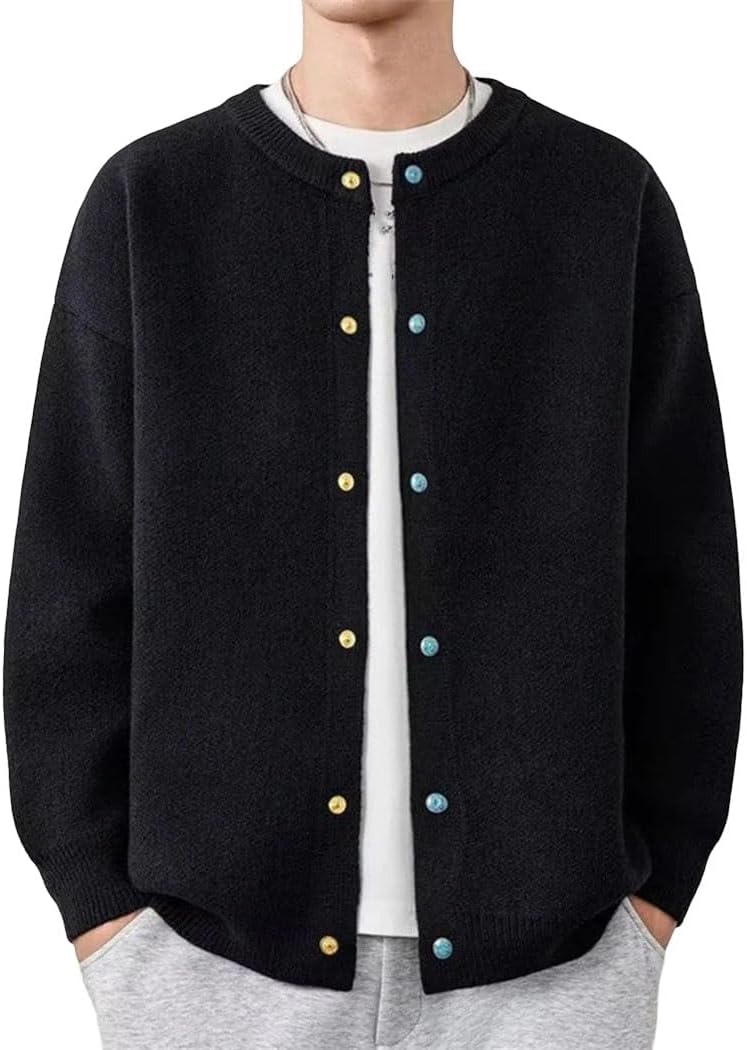 Men’s Round Neck Knit Cardigan Button Down Sweater Warm Casual Solid Color Top