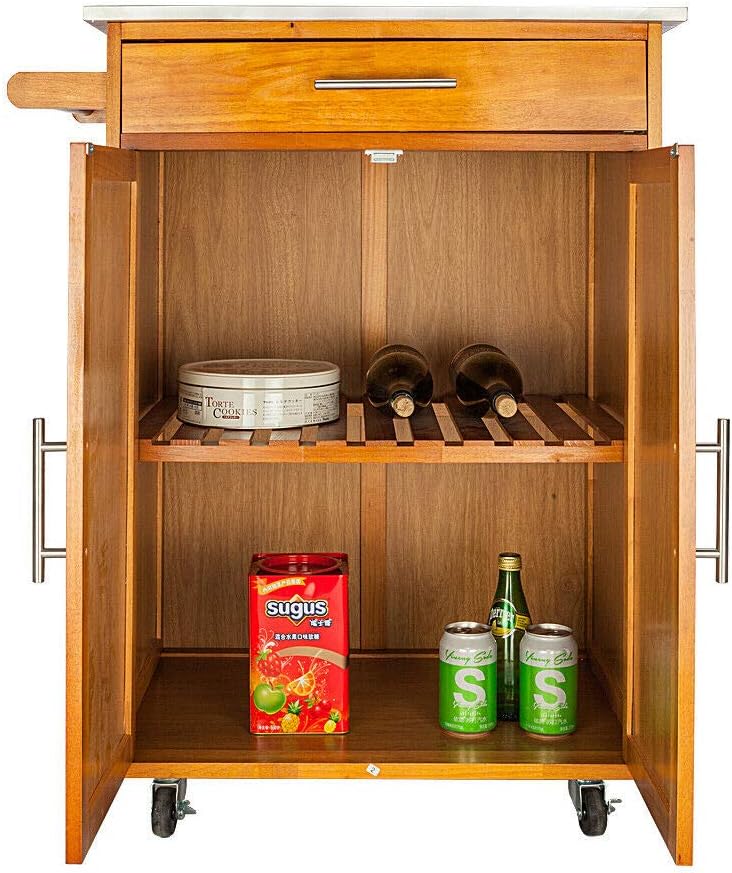 HomVent Kitchen Island Cart,Rolling Dining Table Tray Wooden Serving Stand Kitchen Trolley Storage Cabinet with Stainless Steel Table Top & One Drawer & One Cabinet On Wheels