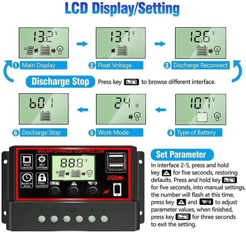 Series of LCD display screens showing different settings like Main Display, Float Voltage, Discharge Reconnect, Type of Battery, Work Mode, and Discharge Stop