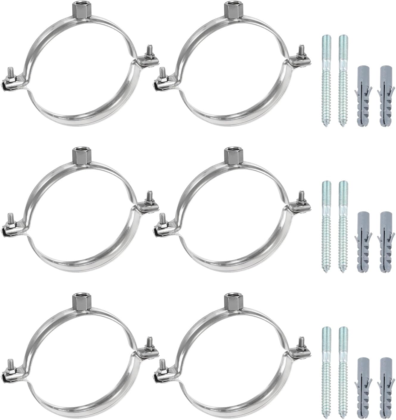 HARFINGTON 6 Set Adjustable Pipe Bracket Clamps 7-7/8" (200mm) Stainless Steel Wall Ceiling Mount Split Ring Hanger Metal Pipe Supports Clamp with Screws & Expansion Tube for Pipe Tube (M10)