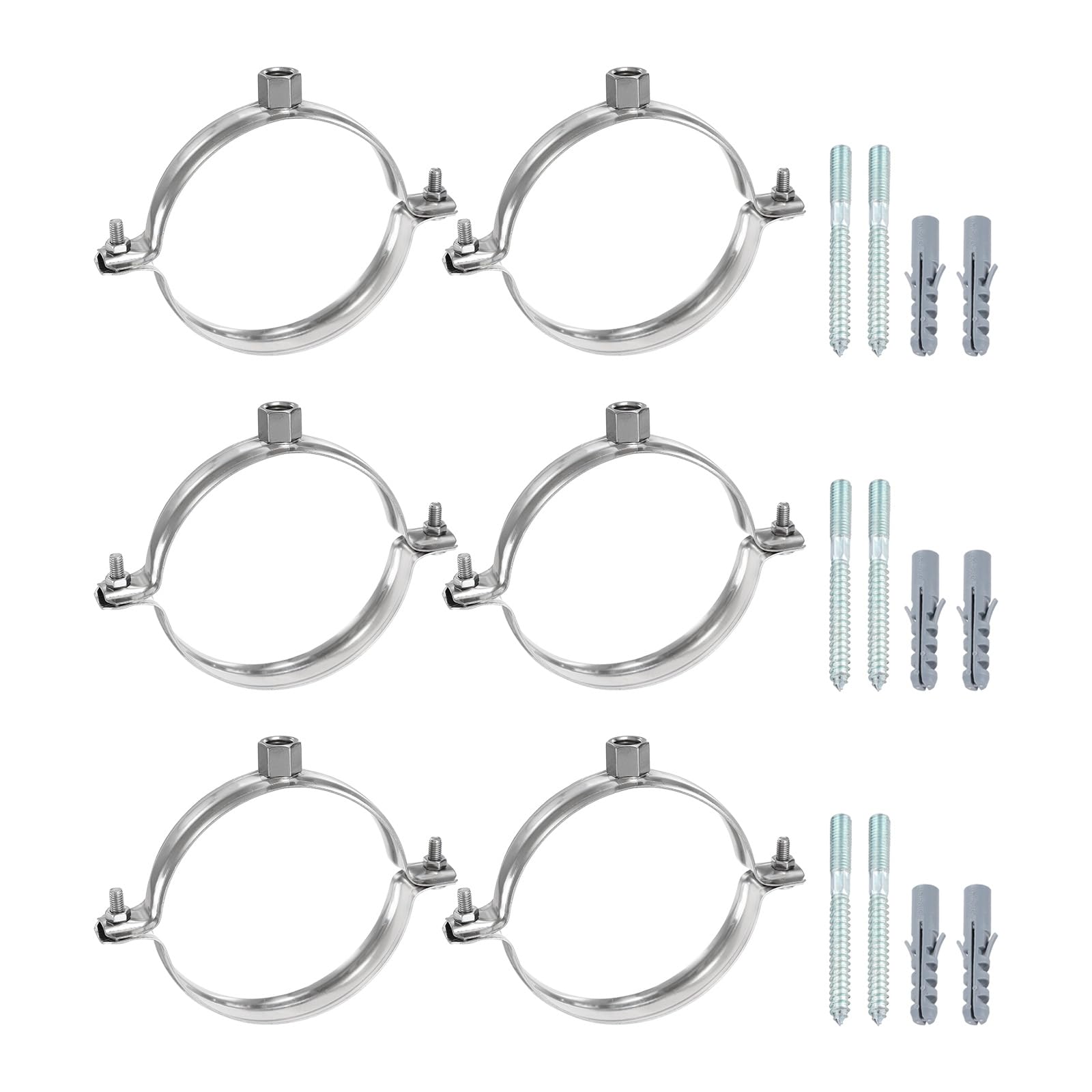 sourcing map 6 Set Adjustable Pipe Bracket Clamps 3-9/16" (90mm) Stainless Steel Wall Ceiling Mount Split Ring Hanger Metal Pipe Supports Clamp with Screws & Expansion Tube for Pipe Tube (M10)