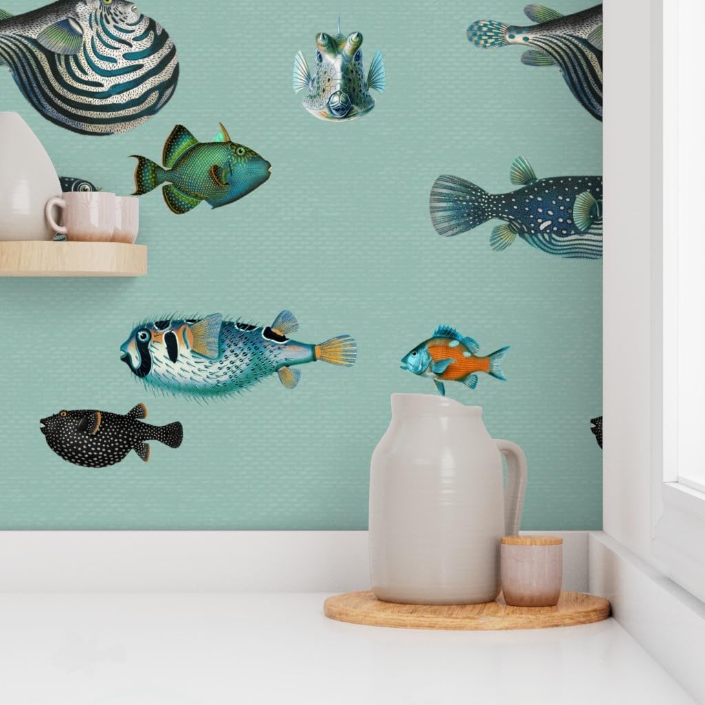 Peel & Stick Wallpaper Swatch - Vintage Nautical Sea Life Coastal Maritime Duck Egg Aqua Tropical Ocean Seafoam Pufferfish Custom Removable Wallpaper by Spoonflower