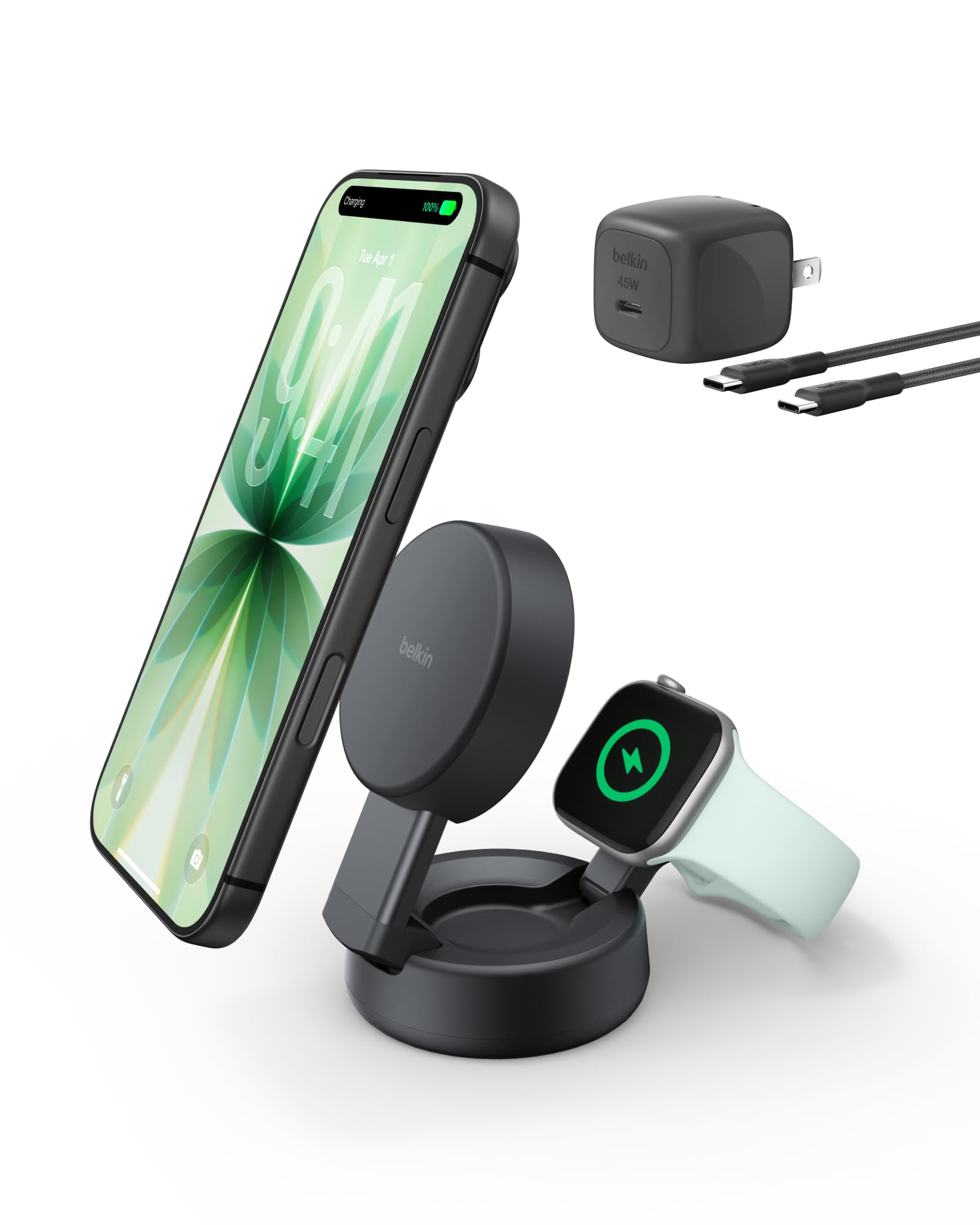 Belkin MagSafe Charger Compatible, 2-in-1 Wireless Charging Station, Qi2.2 25W Convertible Magnetic Charger for iPhone 17, Apple Watch Series 10, Google Pixel 10, and More (45W Adapter Included)