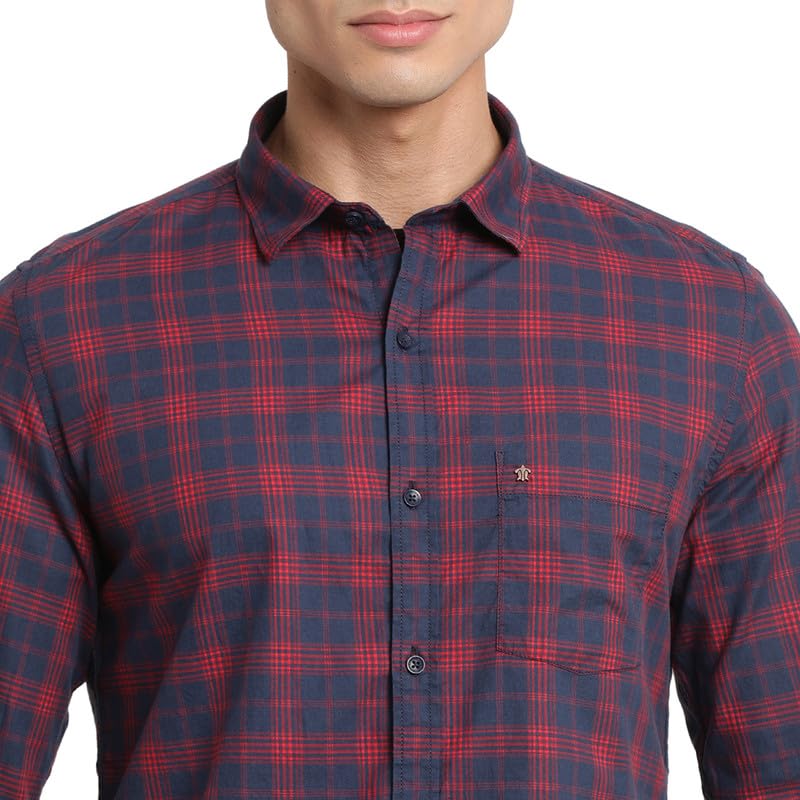 Image of Turtle Men 100% Cotton Navy Blue Checkered Slim Fit Full Sleeve Casual Shirt