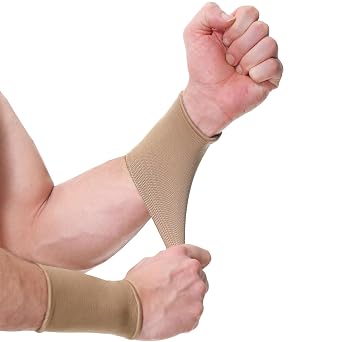 NeoTech Care Wrist Band Support Sleeve - Elastic & Breathable Knitted Fabric Compression Brace - for Tennis, Gym, Sport, Tendonitis Beige Color, Size XL, 1 Pair