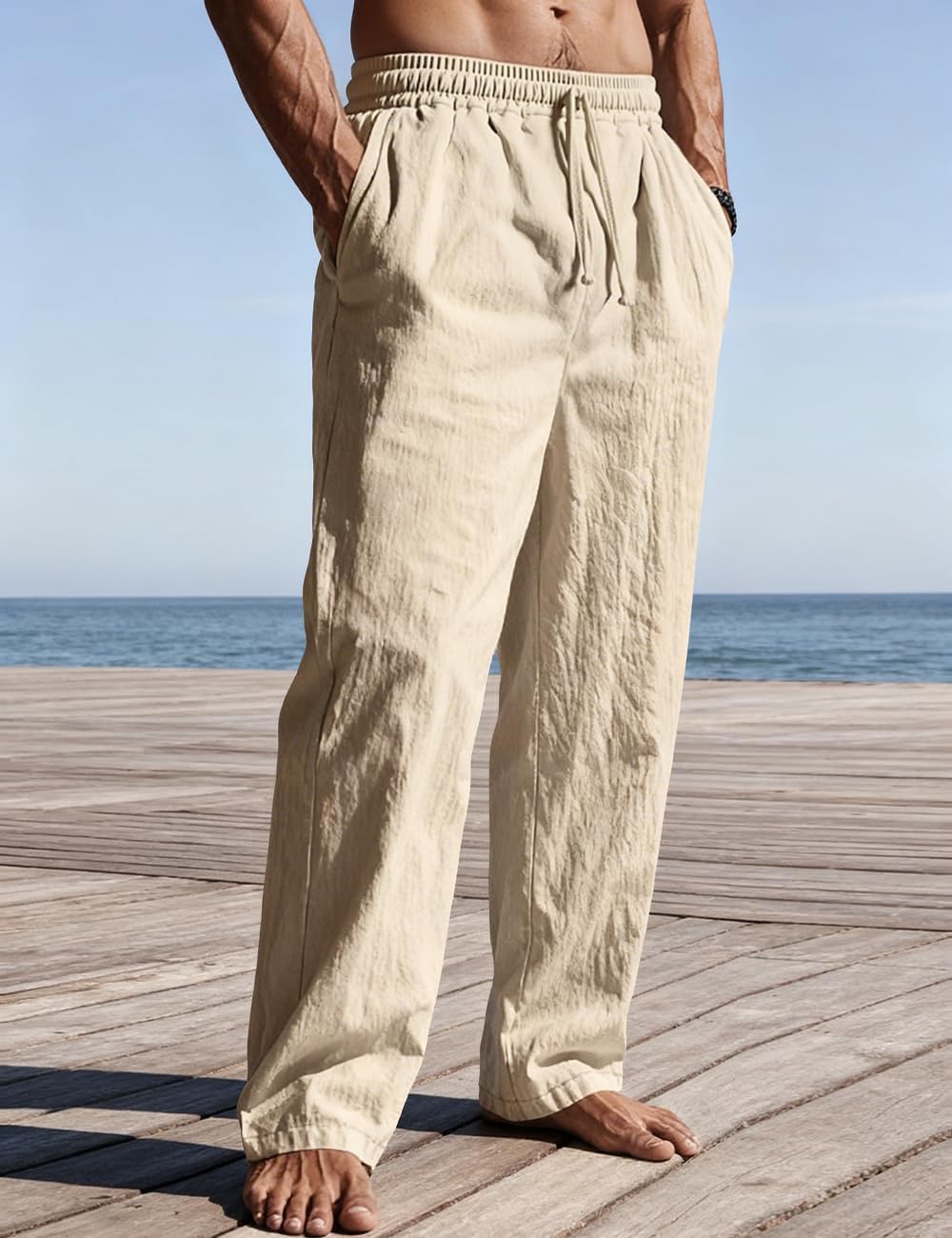 Men's Casual Linen Pants Loose Fit Drawstring Waist Lightweight Linen Trousers Summer Yoga Beach Long Pants - Image 3