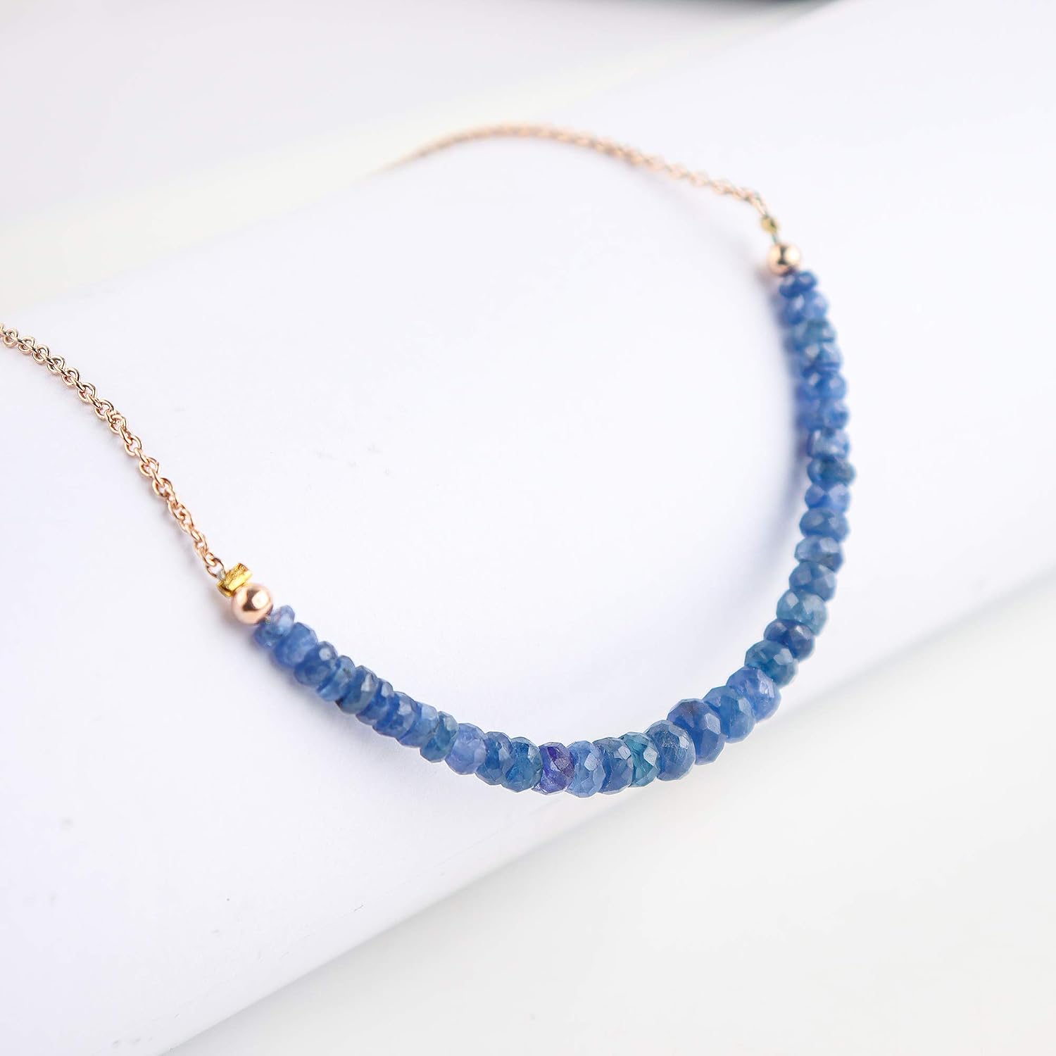 InfinityGemsArt Burmese Blue Sapphire necklace, Natural Gemstone Handmade Beads Necklace Jewelry for Her, Birthstone, Energy Healing Crystals, 14K Rose Gold 925 Sterling Silver Chain 20 inch