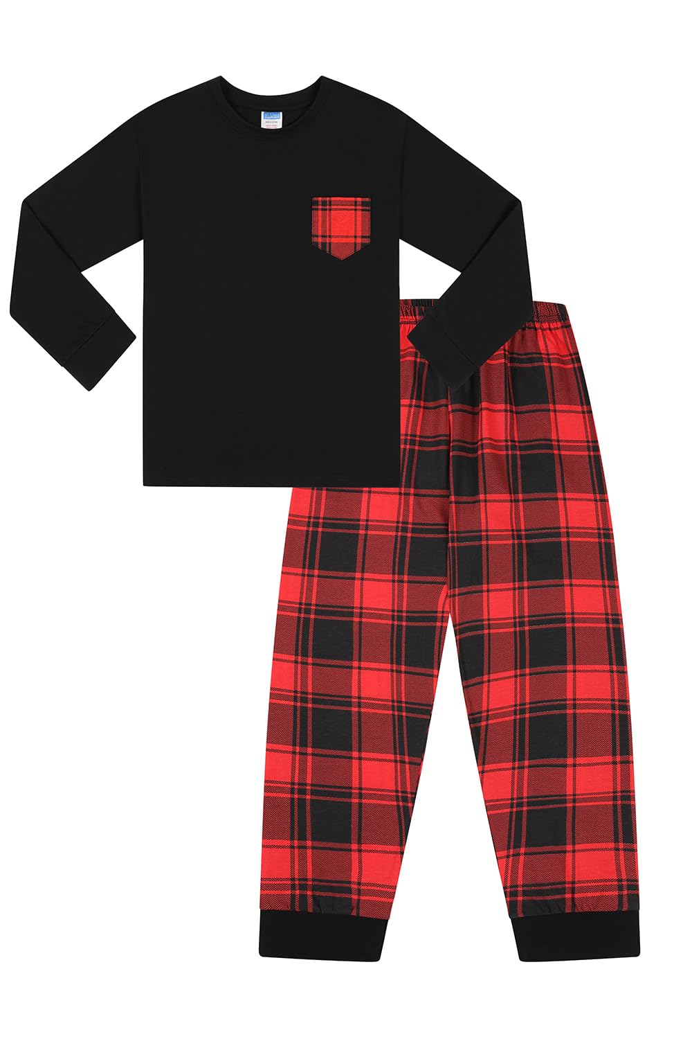 ThePyjamaFactory Pigiama lungo per bambini con tasca a quadri neri e bianchi, neri e rossi, con tasca a quadri, confezione da 3