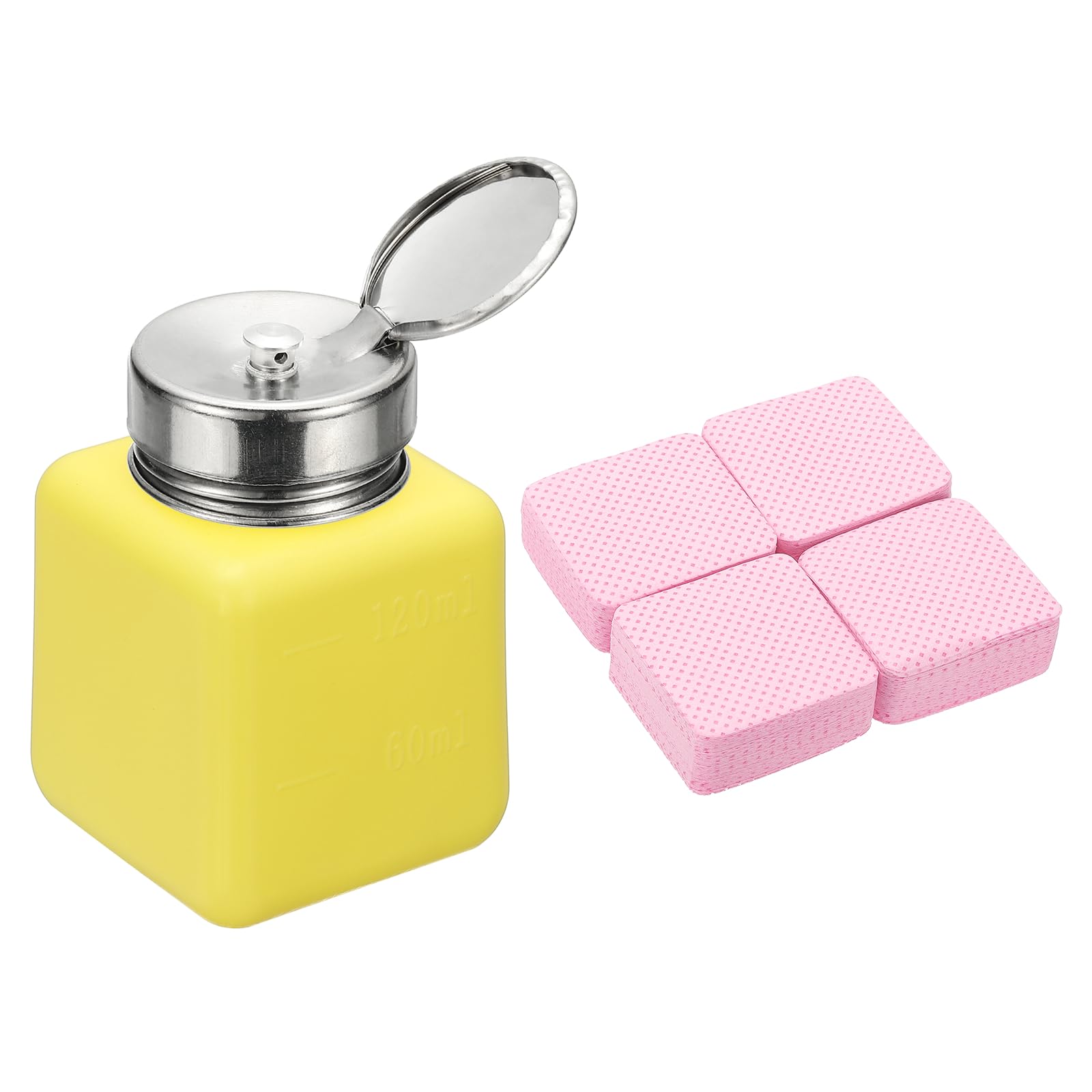 YOKIVE Alcohol Dispenser, 120ml(4oz) Pump Dispenser Bottle Push Down for Nail Polish Remover Acetone Cleanser with 200Pcs Lint Free Nail Wipes, Yellow(Splash-proof Pump Head)-image-44