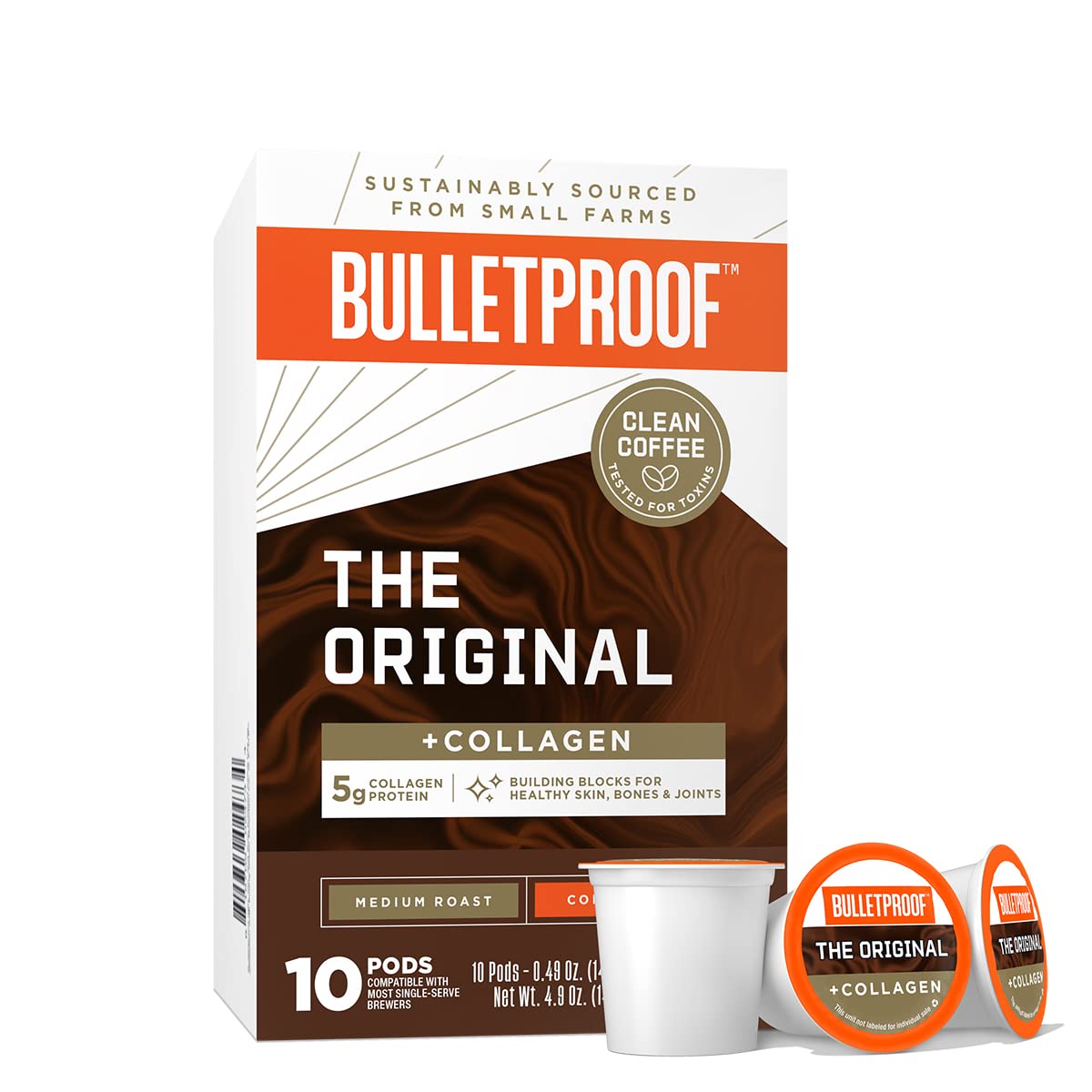 BulletproofCoffee + Collagen Single-Serve Coffee Pods, 10 Count, 100% Arabica Beans, Clean Coffee Tested for Toxins, Packaging May Vary