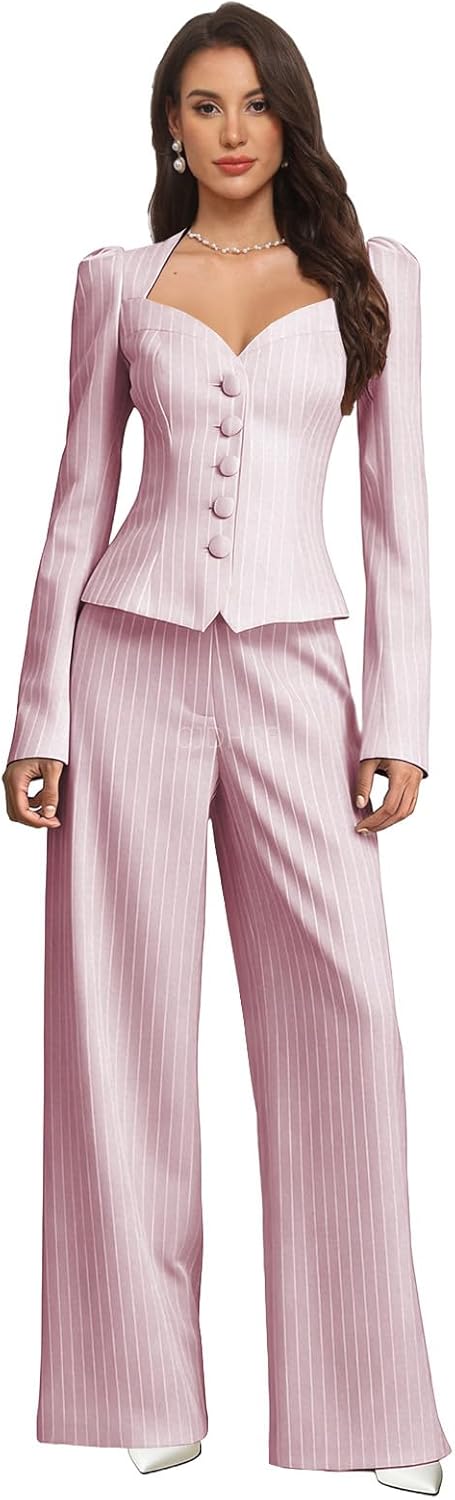 Pinstripe Suits Slim Fit Sweetheart 2 Piece Business Casual Outfits with Jackets Formal Wedding Guest Dress