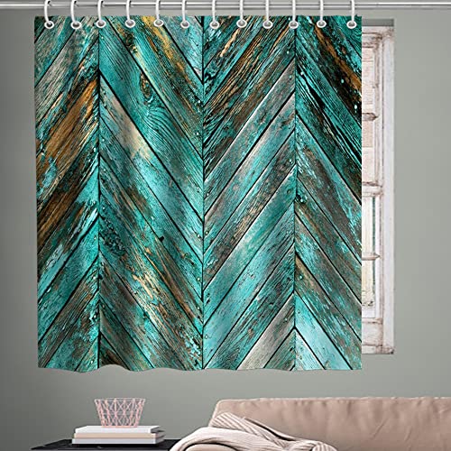 Farm House Shower Curtain Rustic Wooden Vintage Chevron Zig Zag Striped Pattern On Board Plank Theme Fabric Bathroom Fantastic Barn Door Decor Sets With Hooks Waterproof Washable 72 X 72 Inches Teal #TOP1