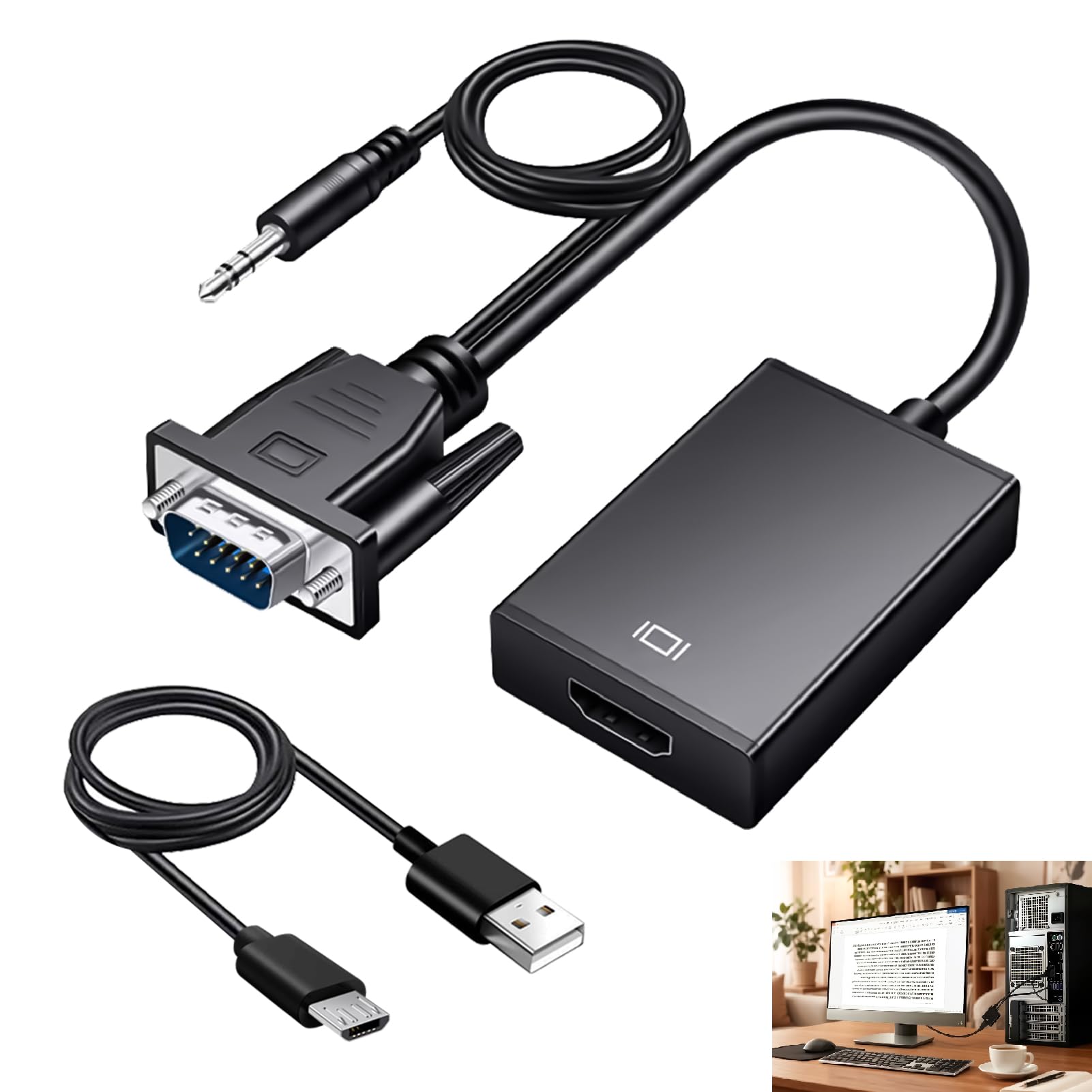 Adapter VGA auf HDMI Full HD 1080p mit 3,5 mm Audiokabel, Unidirektionaler Konverter VGA männlich auf HDMI weiblich, für PC, Laptop, Projektor, TV, 3,5 mm Audiokabel und USB inklusive