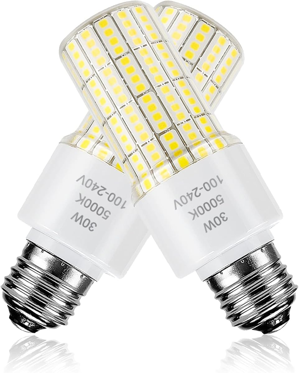 Paquete de 2 bombillas LED equivalentes a bombillas LED de 250 W, 3750 lúmenes, 5000 K, luz blanca fría, 30 W, resistente al agua, bombilla LED de maíz E26/E27, base media, para exterior, interior, garaje, taller, patio trasero
