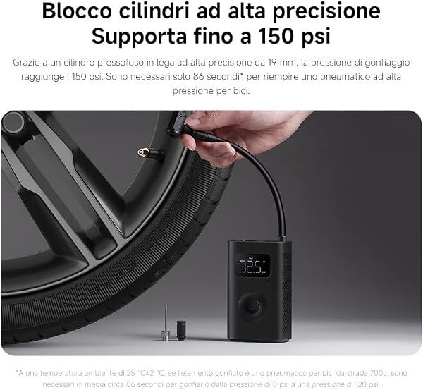 Xiaomi Portable Electric Air Compressor 2, Compressore ad Aria Portatile, Fino a 150 psi, Luce Led Integrata, Porta Type-C, 6 Modalità di Gonfiaggio, Nuovo adattatore valvola dell'aria, Compatto, Nero - 3