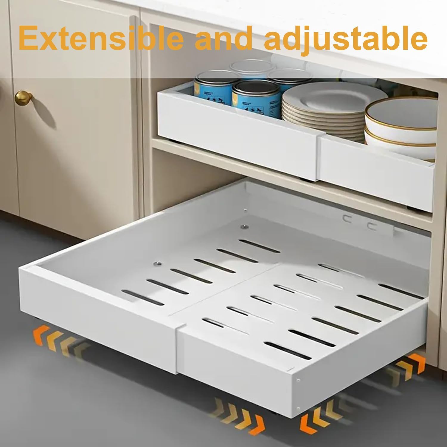 2 Pack Erweiterbar Ausziehbare Schublade Küche Mit Kleber,Ausziehbarer Schrank Organizer(32 cm - 51,8 cm),Teleskopschublademit Schienensystem,Für Topf- Und Pfannen-Organizer (Weiß)