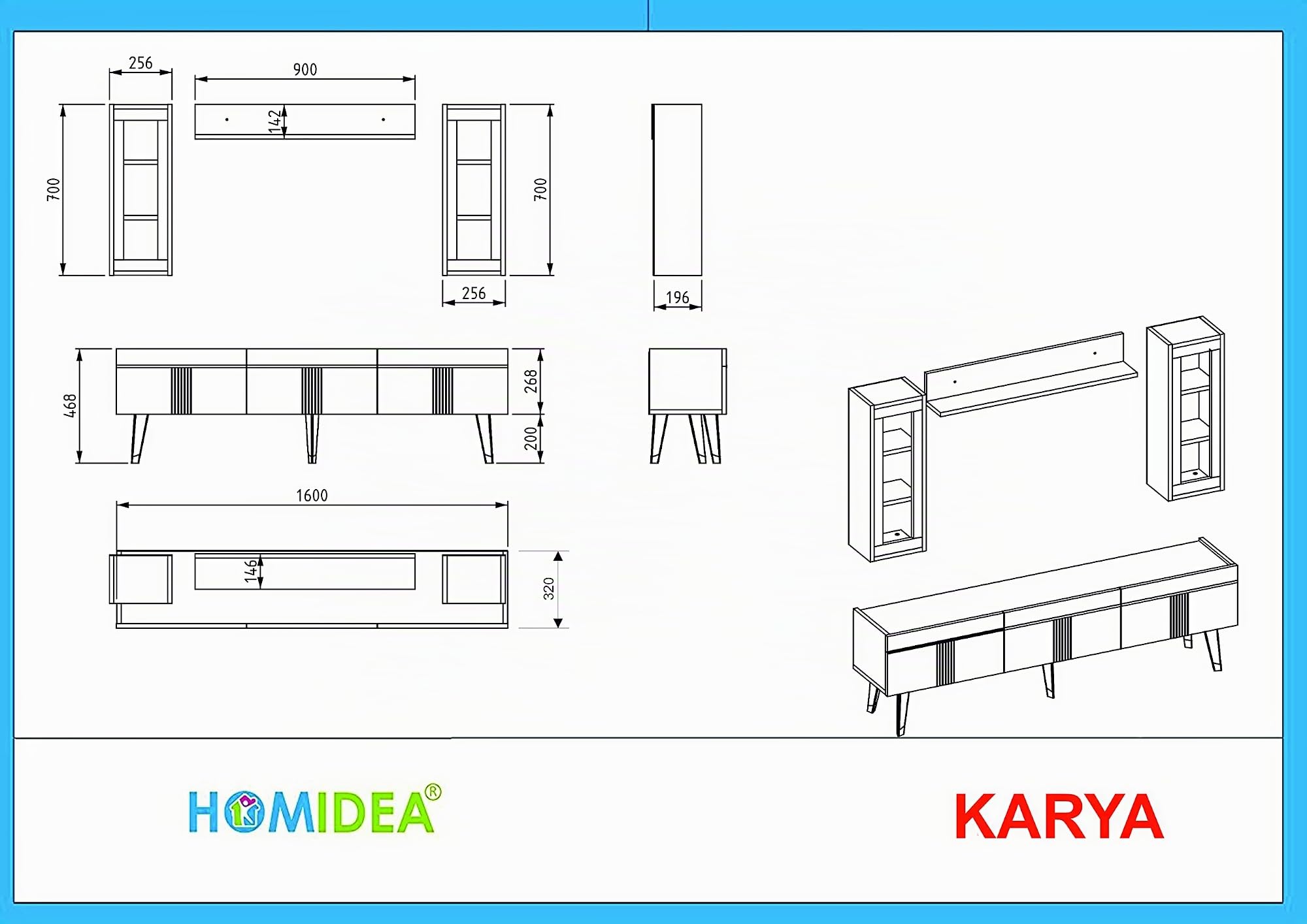 Homidea KARYA Wohnwand – Wohnzimmer TV Set – TV Schrank – TV Lowboard – Fernsehtisch - TV Möbel mit 3 Türen in modernem Design (Anthrazit/Marmor)