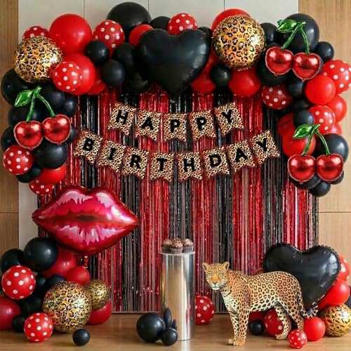 Cheetah print party decorations with Red and Black polka dot Balloon Arch & lips cherries black hearts foil balloons & Leopard print banner foil Tinsel Fringe for Girls Woman Birthday decorations by froufing - Used condition - US$8.75