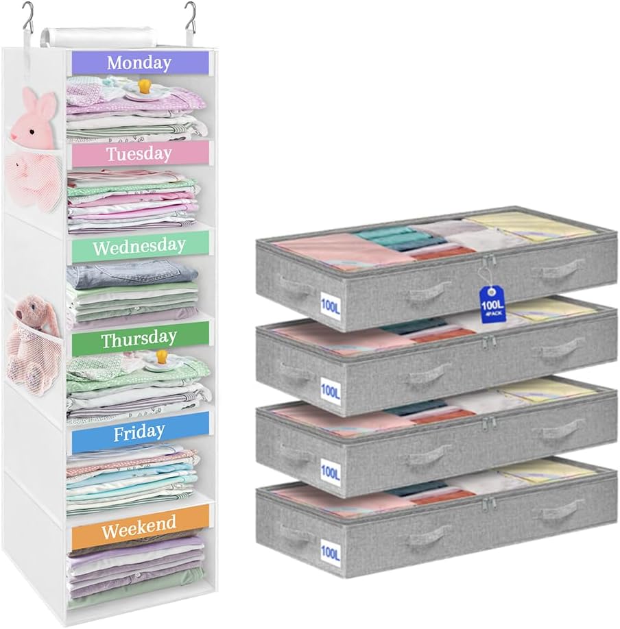 punemi Weekly Clothes Organizer for Kids&punemi 100L Under Bed Storage Containers