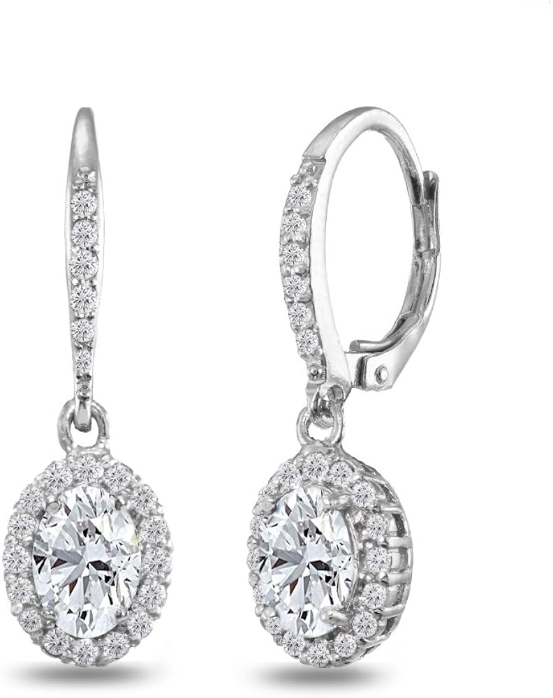 Dangle Earrings for Women Sterling Silver Trendy Genuine & Synthetic Gemstone Birthstone Oval Halo Leverback Drop Earring