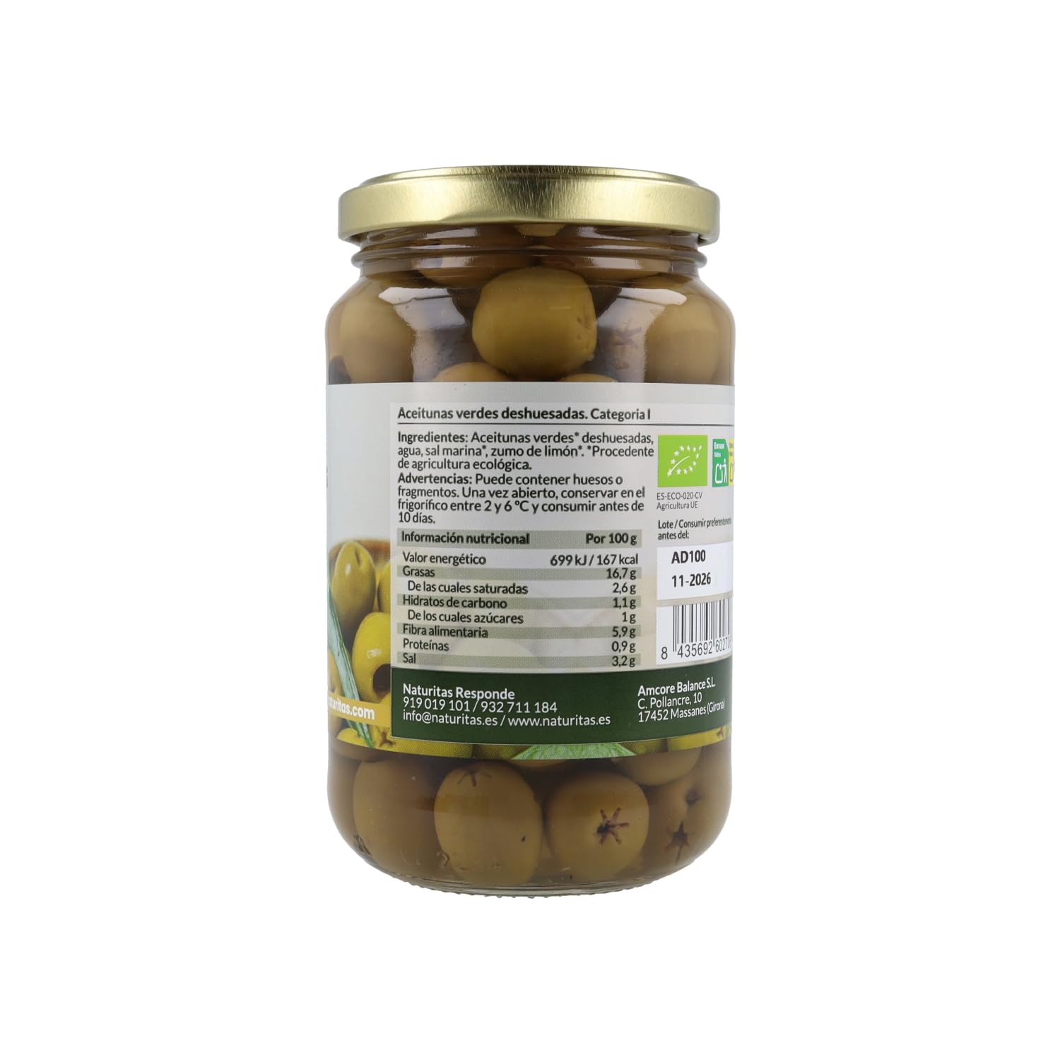 Aceitunas Verdes Deshuesadas Naturitas Essentials Manzanilla 335 g España