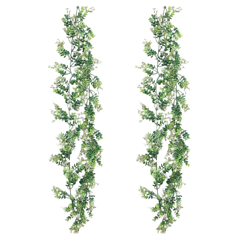 Artigreen 2 Pots Artificial Plant Long Garland Fake White Flowers Resistant Green Leaves Fake Plants Hanging Vines for Home Kitchen Wedding Party Garden Wall Shelf Room Decor,New House Gift