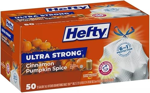 Hefty Bolsas de basura de cocina ultra fuertes de canela y calabaza con especias altas de 13 galones x 50