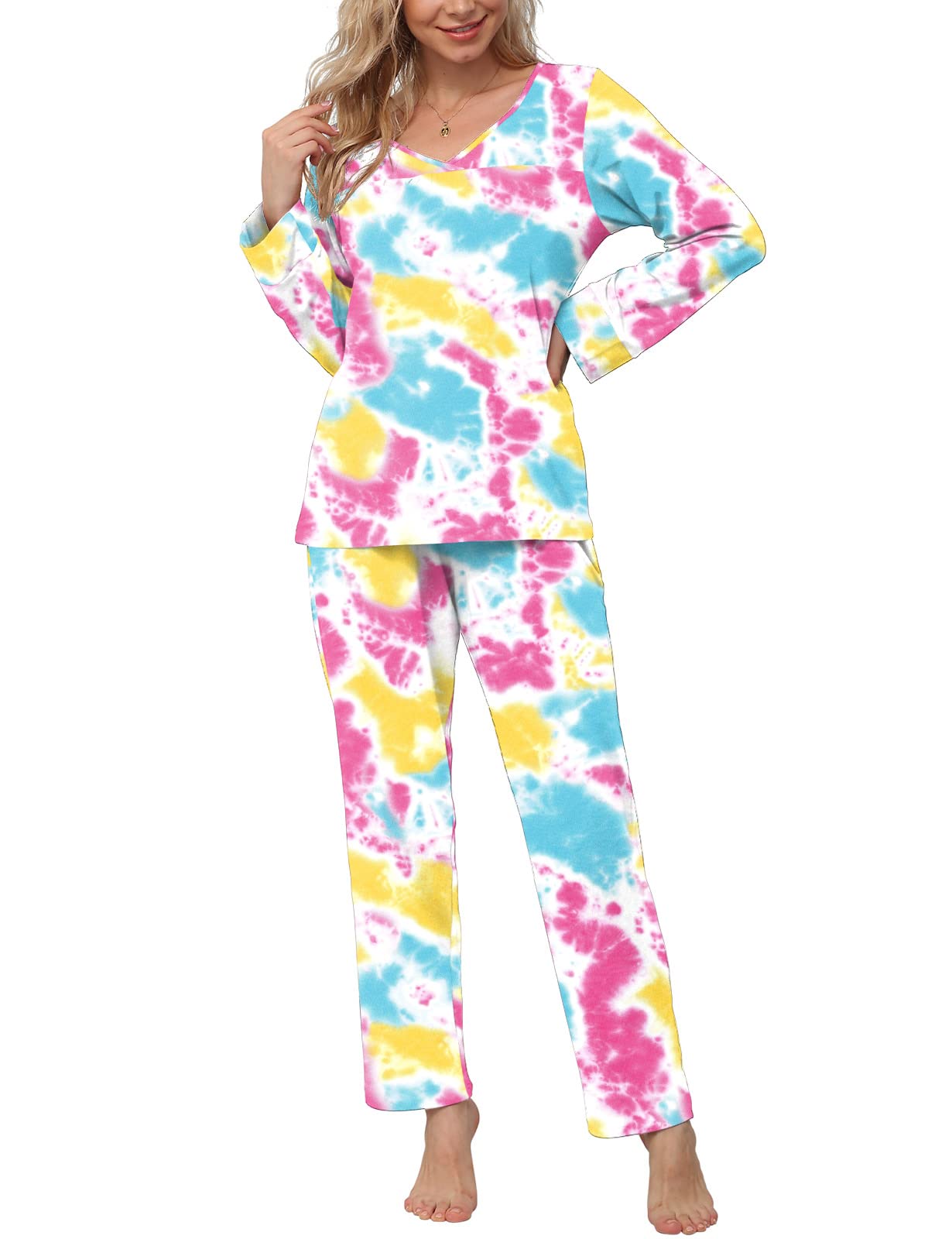 POKWAI2023 Womens Pajama Sets Soft Comfy Long Sleeve Tops and Pants 2 Piece Pj Sleepwear with Pockets