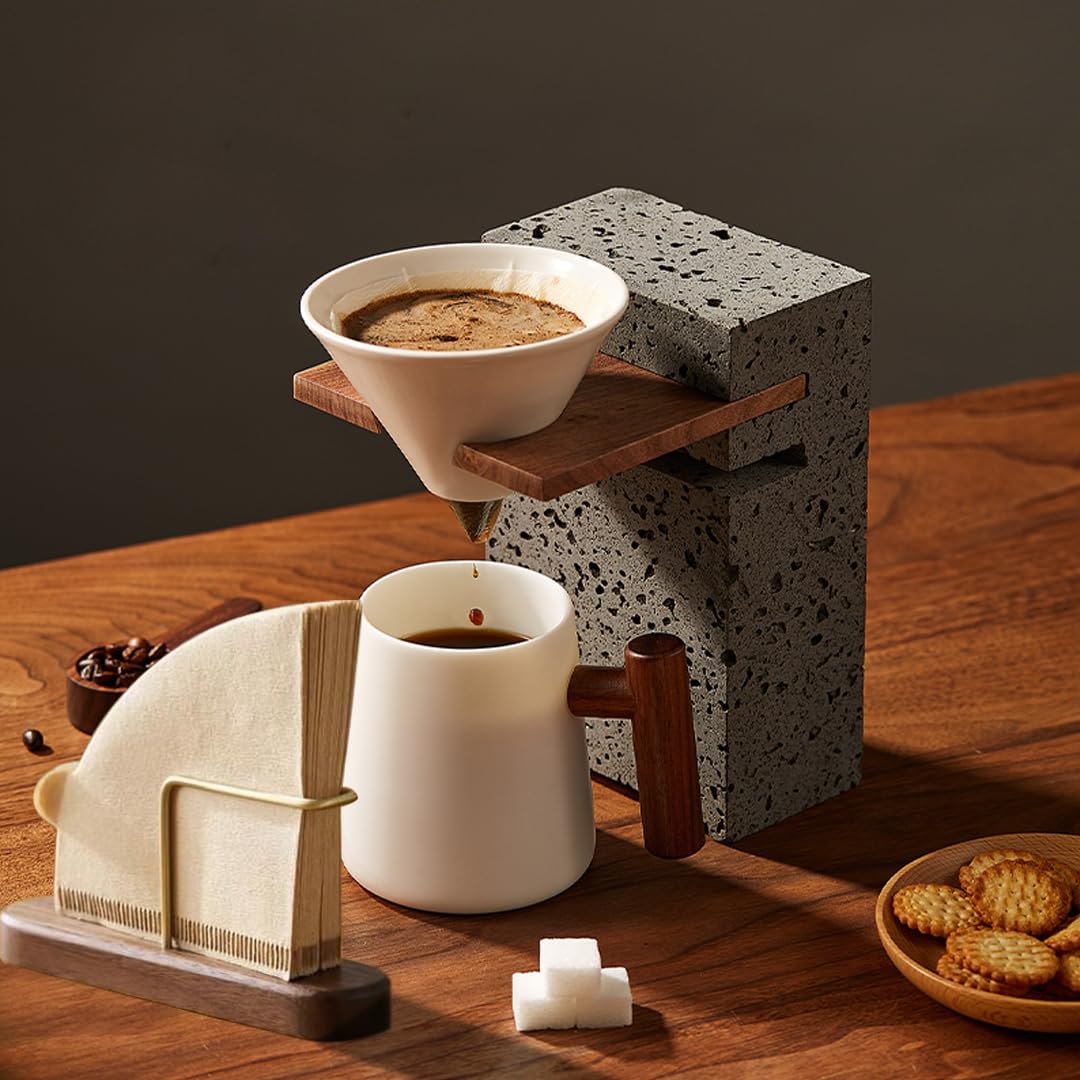 Portafiltro Caffè In Legno E Ottone - Supporto Salvaspazio Per Filtri Di Carta Conici E Piatti, Capacità 40 Filtri