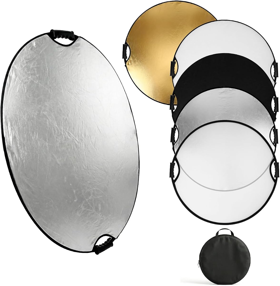 QWORK Reflector y difusor de luz plegable 5 en 1 de 32" (80 cm) - Translúcido, plateado, dorado, blanco, negro, reflector de fotografía multidisco para estudio de fotografía al aire libre