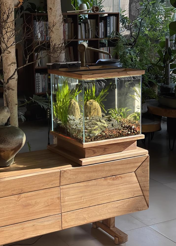 Acuario Grande con Base De Madera Maciza, Pecera Profesional Retro para Peces Betta, Kit De Inicio Autolimpiable De Estilo Vintage, Pecera De Vidrio Y Madera,50cm