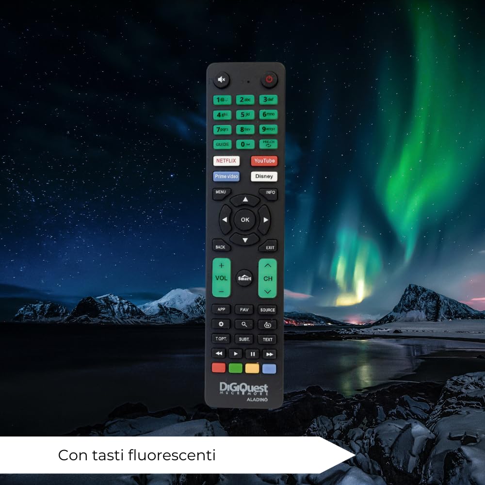 Digiquest Telecomando ALAD1N0 Universale pronto all’uso per tv SAMSUNG,LG,SONY,PHILIPS,PANASONIC, TELEFUNKEN o programmabile per altri brand | Tasti fluorescenti e dedicati alle piattaforme streaming